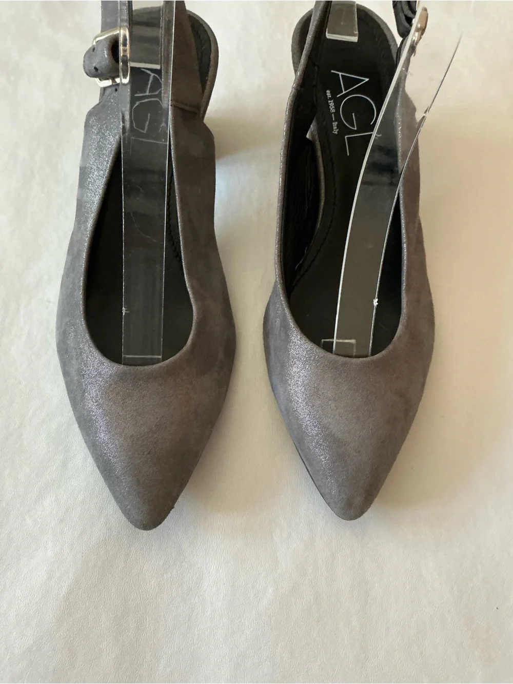 AGL Leather Pointed Slingback Pumps Block Heel Metallic Silver Grey Suede Sz 37